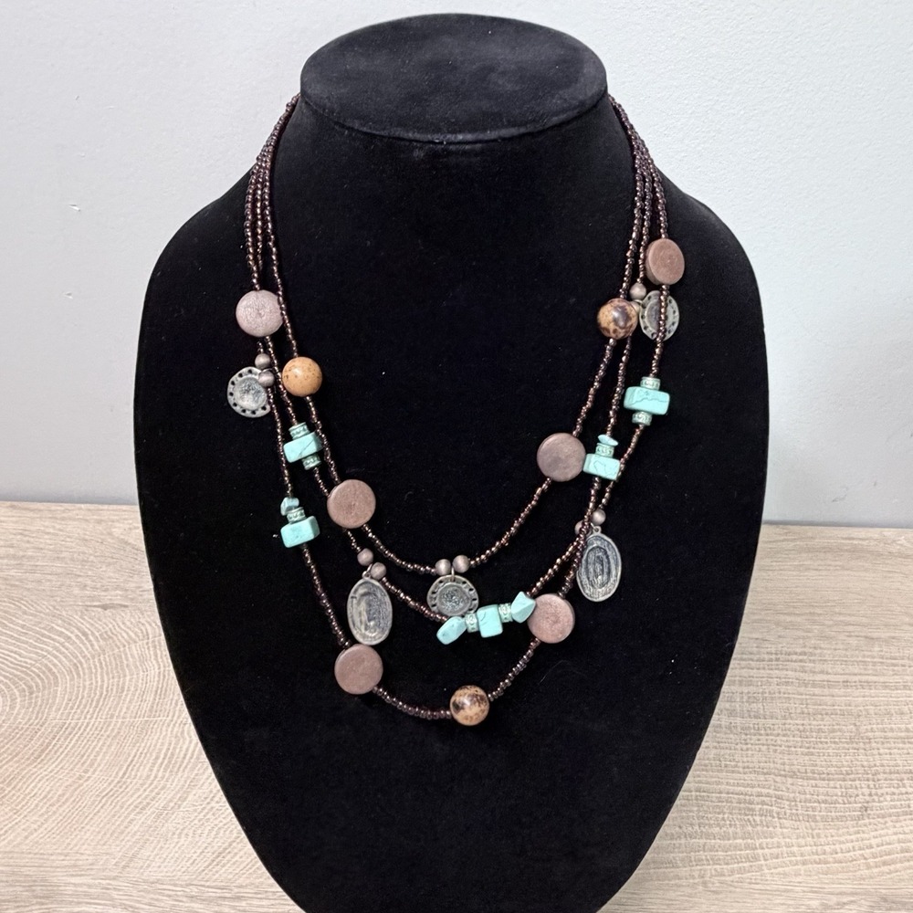 Layered Beaded Coin Necklace Boho Western Festival Rustic Statement Jewelry‎